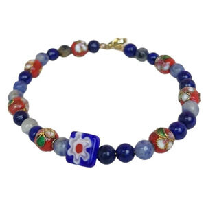 14k Gold Plated Lampwork Lapis Blue Spot Cloisonne Bracelet